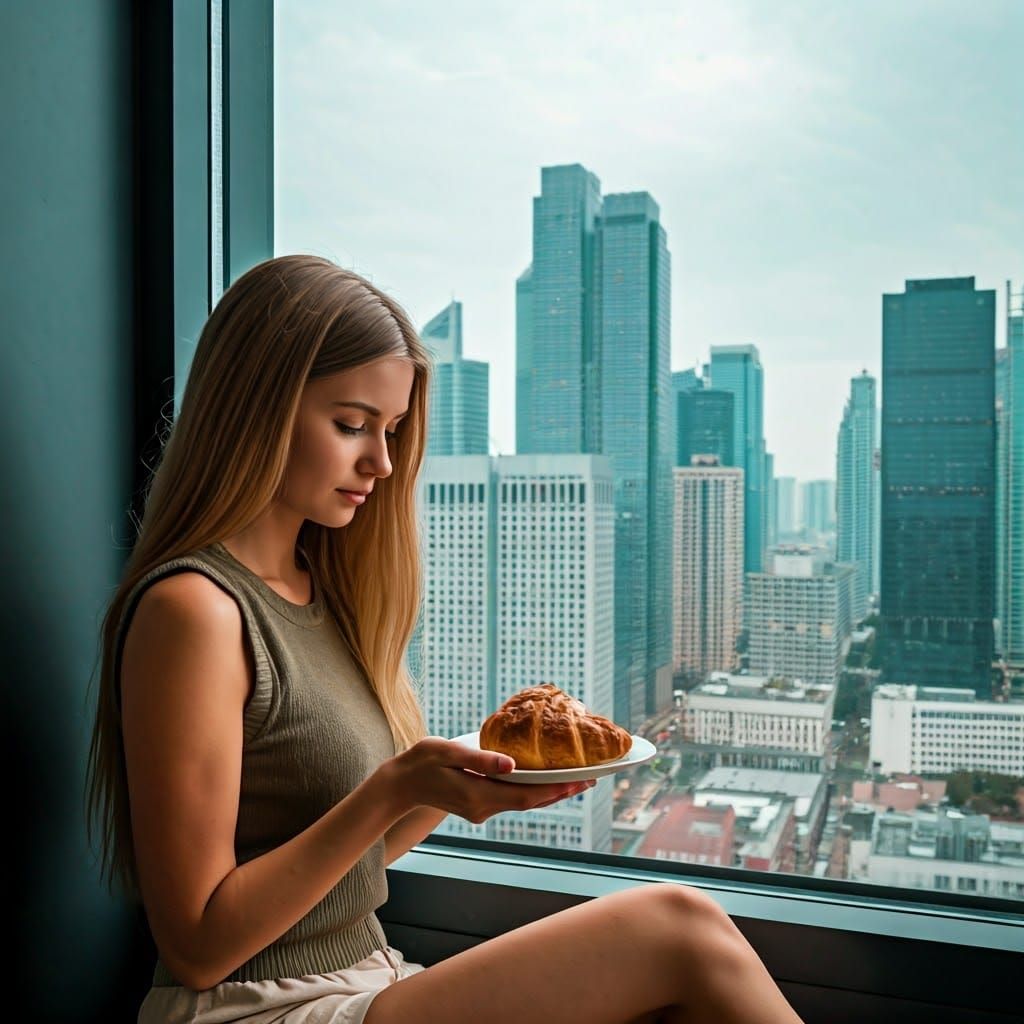 Woman with Croissant in Modern Cityscape
