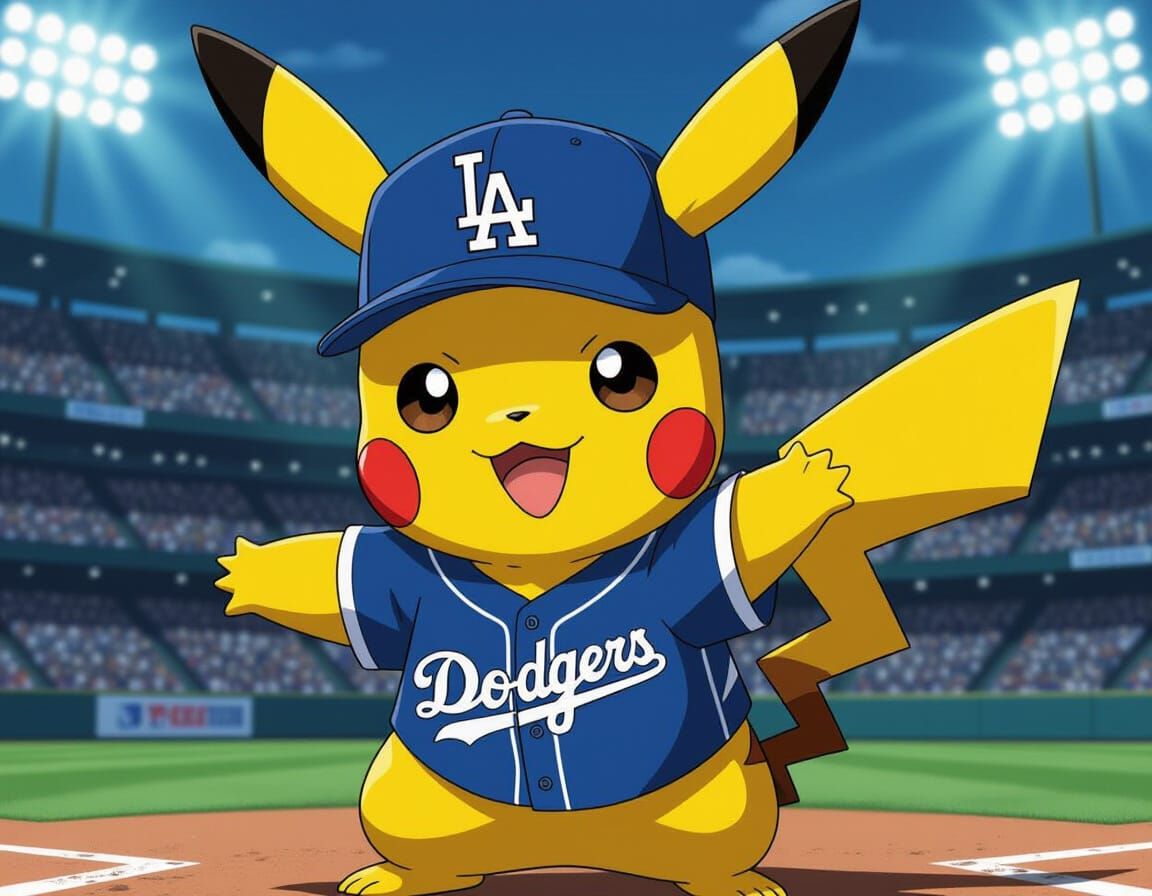 Pikachu in Dodgers Jersey in Epic Anime Pose