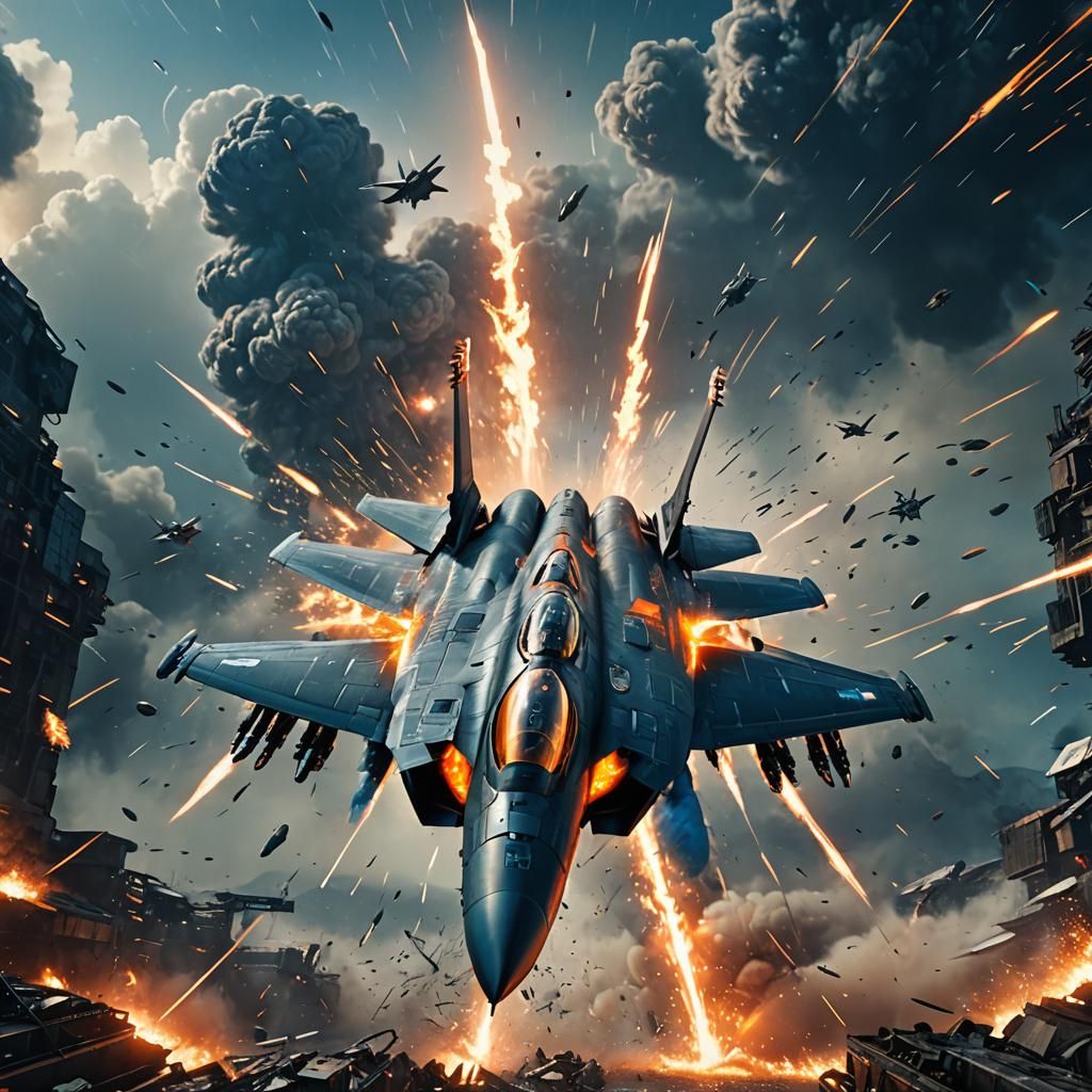 Futuristic Fighter Jet Dodging Missiles in Cyberpunk Warscap...