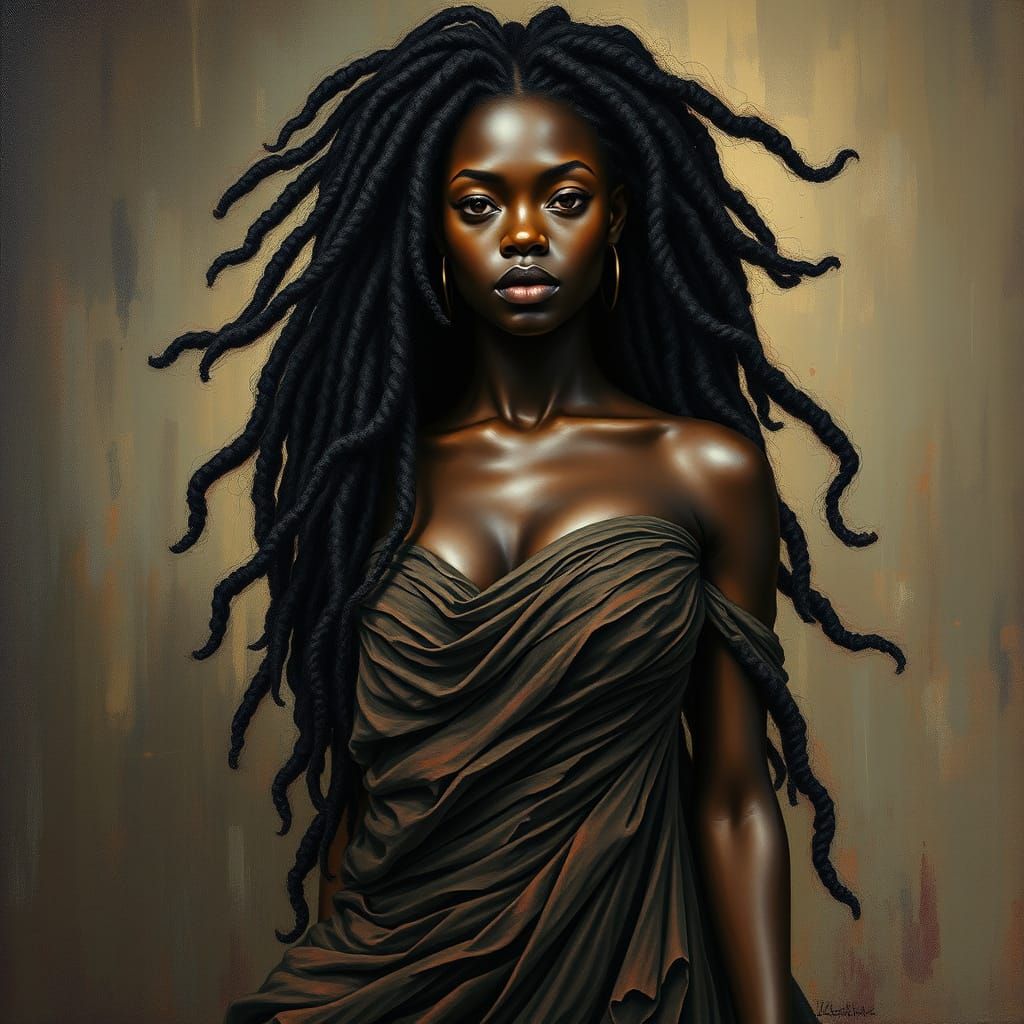 African American Woman with Abstract Dreadlocks in Flowing G...