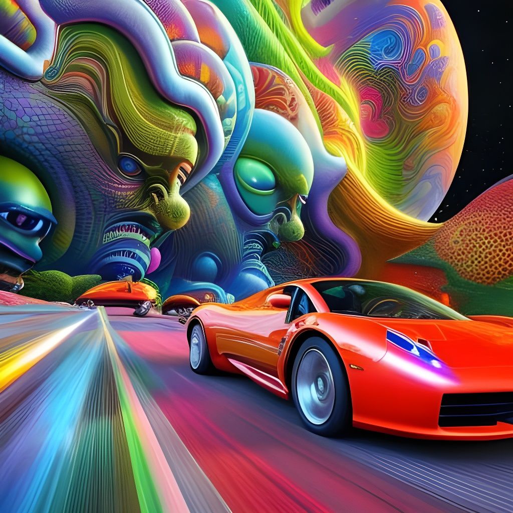 Aliens Stealing a Car in Psychedelic Style