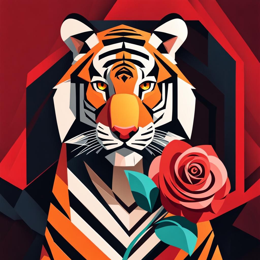 Cartoon Tiger with Rose, in Cubist Style