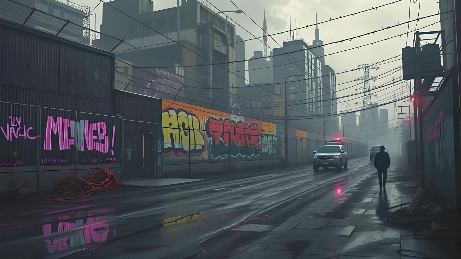 Dystopian Cyberpunk Cityscape Under Lightning Storm