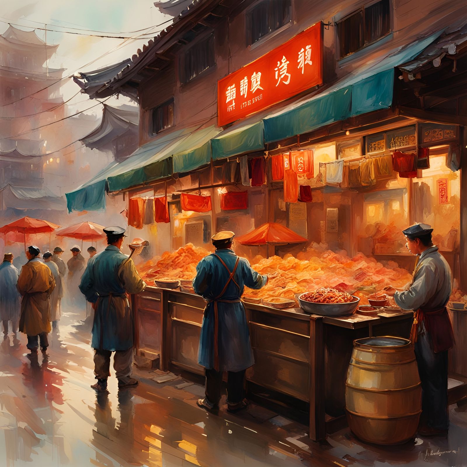Shanghai Noodle Factory in Watercolor Style