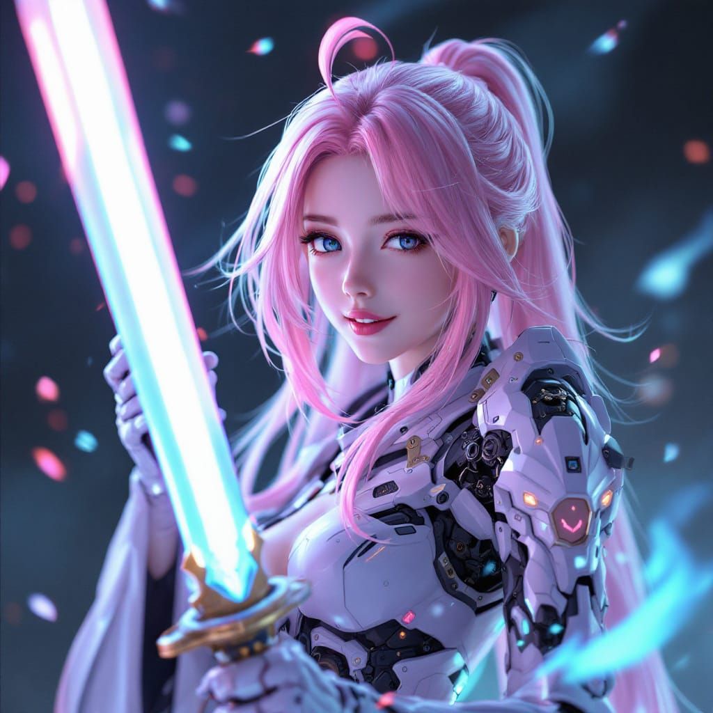 Mecha Girl with Glowing Katana in Anime Art Style