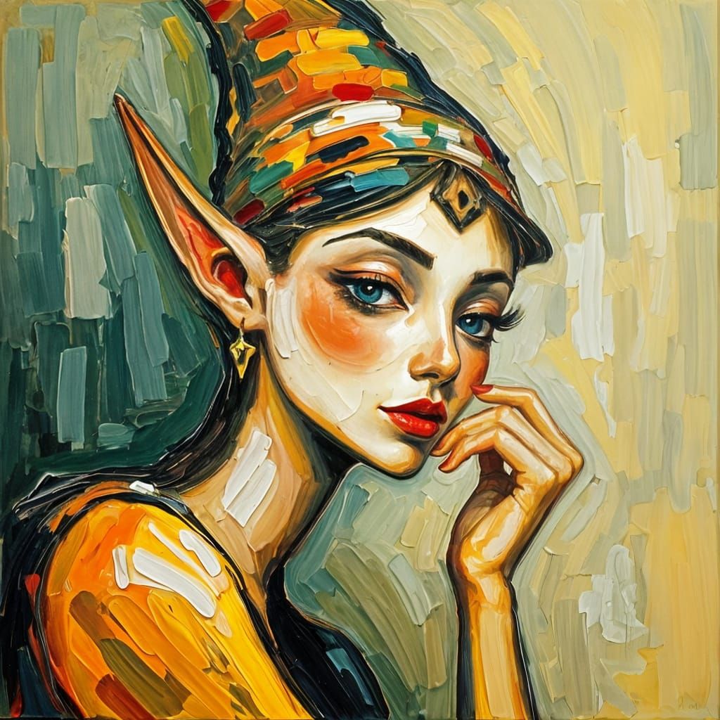 Elegant Elf in Neo-Impressionist Oil Painting Style