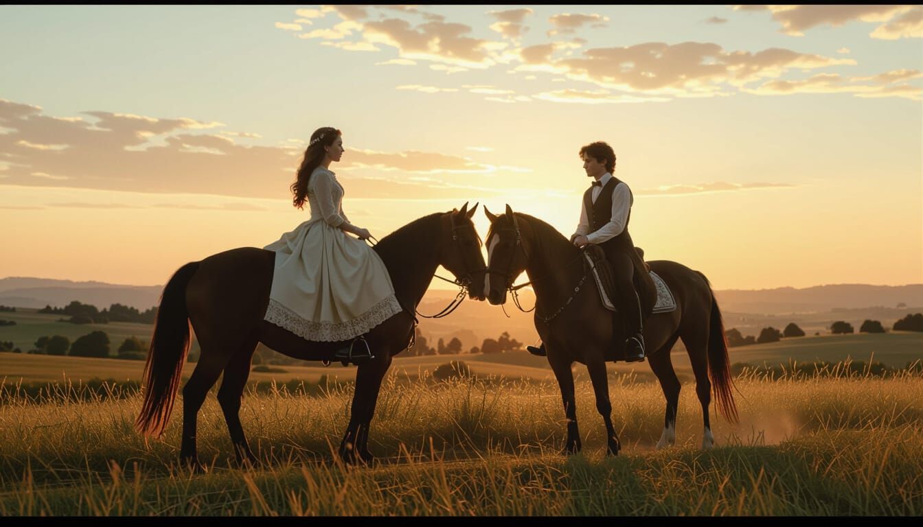 Harry and Ginny Ride at Sunset in Surreal Style