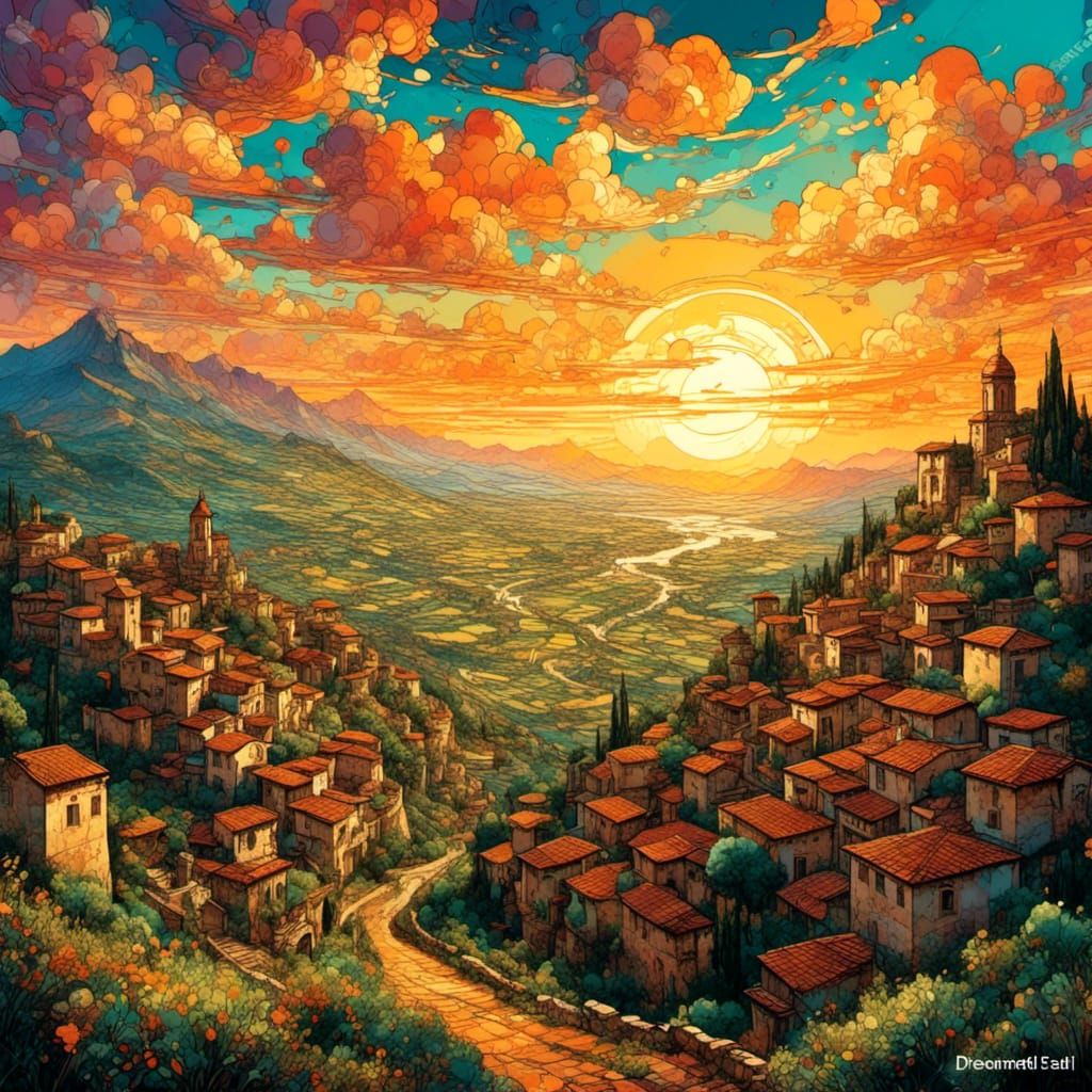 Greco-Roman Cityscape: Fantasy Illustration in Ink and Acryl...