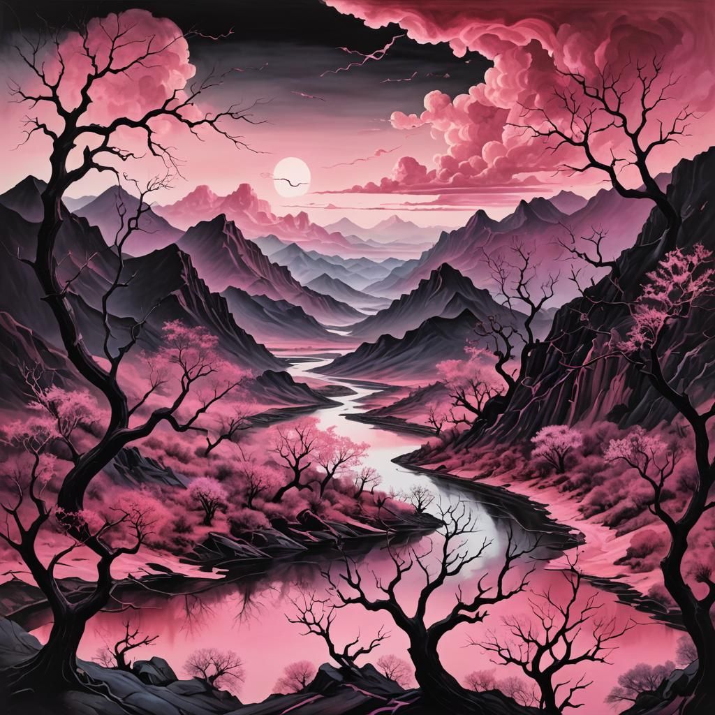 Dreamlike Pink River in Surrealist Landscape Painting