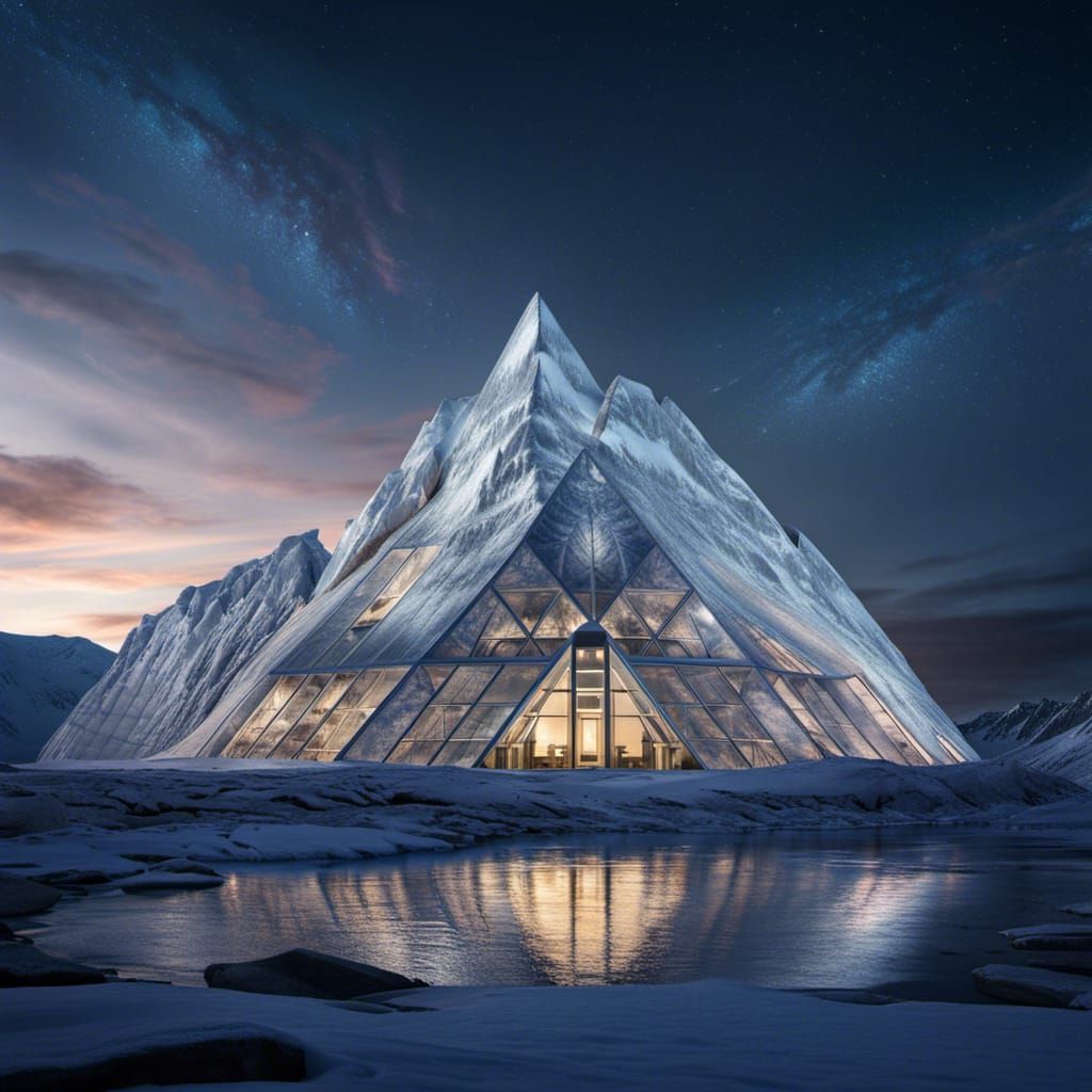 Icy Tundra Landscape with Glass Palace at Sunset