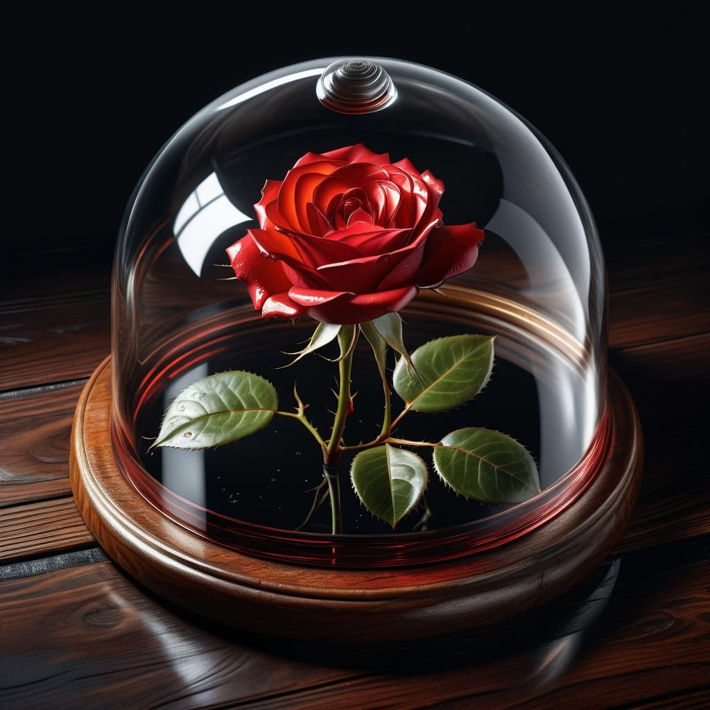 Red Rose in Glass Dome: Botanical Macro Photography