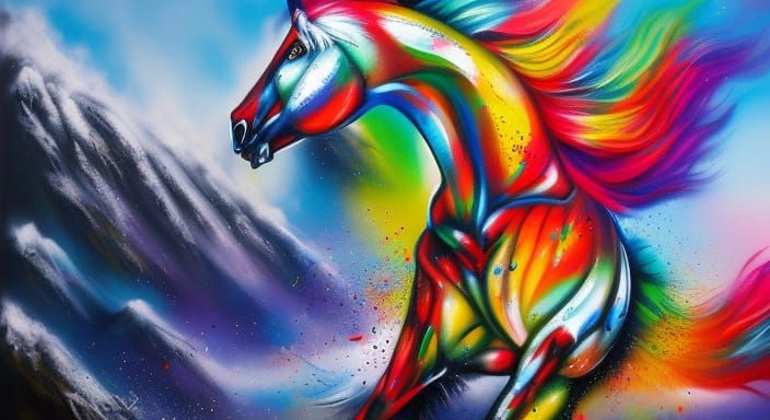 Graffiti Horse Galloping on Mountain, Splash Art