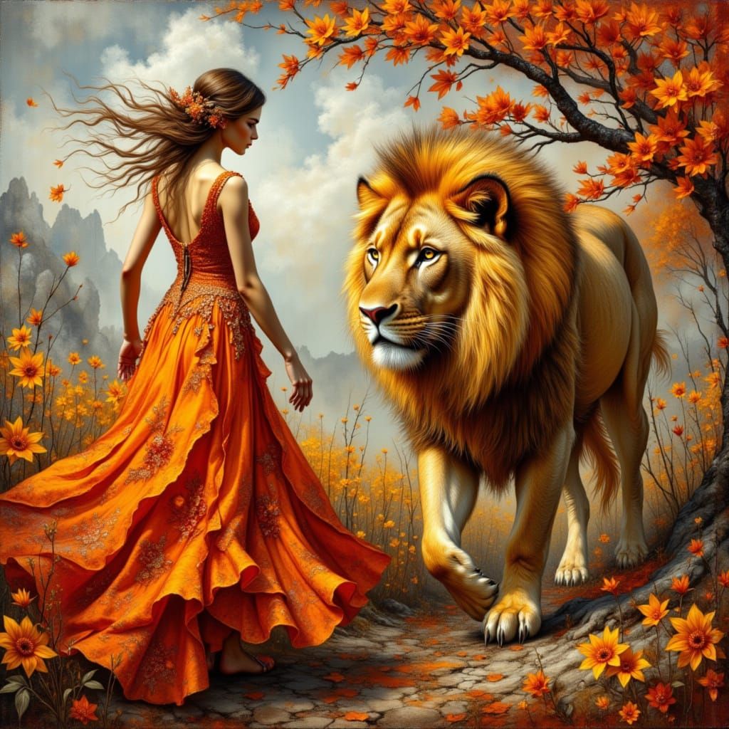 Surreal Orange Woman and Lion in Bohemian Style