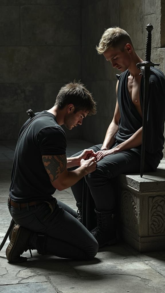 Cinematic Light on Kneeling Man Tending Priest's Wound