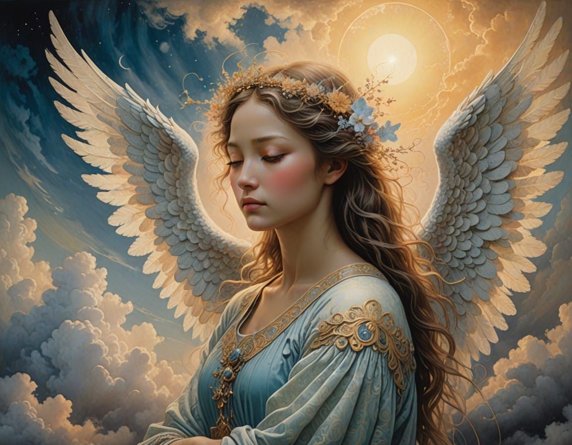 Ethereal Angel Soars in Clouds of Pastel Hues