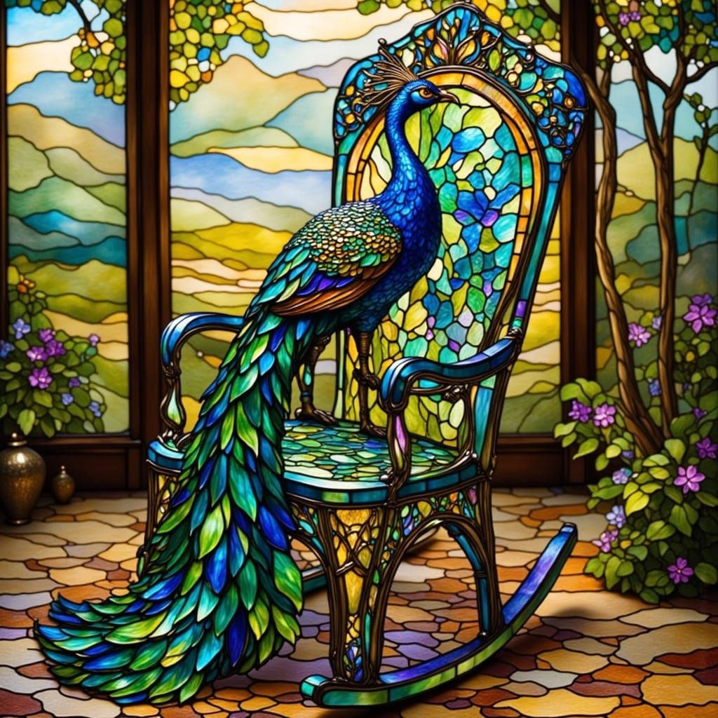<lora:Stained Glass Flux:1.0> <lora:LCT-Glass:1.0> Stained glass rocking chair portraying a vibrant peacock, realistic. ...