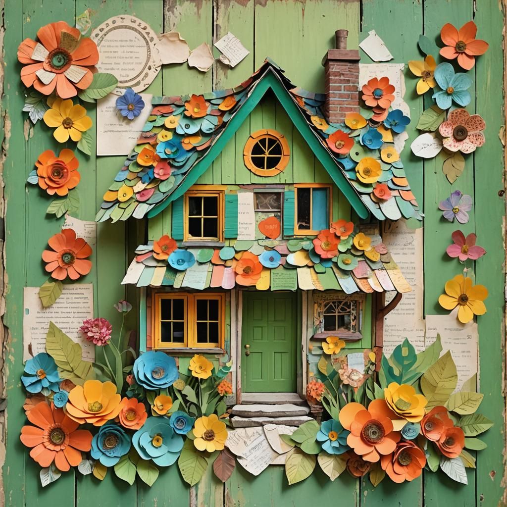 Colorful Vintage Cottage Paper Collage