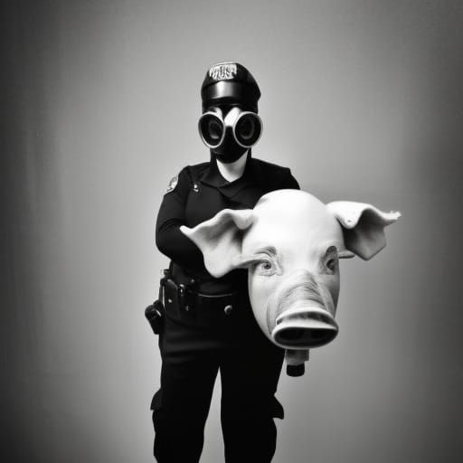 Noir Policewoman with Pig Mask in Black and White
