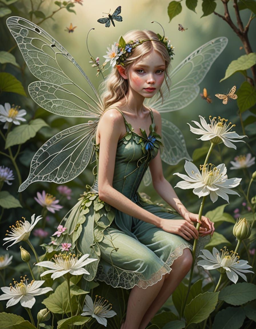 Delicate Fairy on Honeysuckle Flower