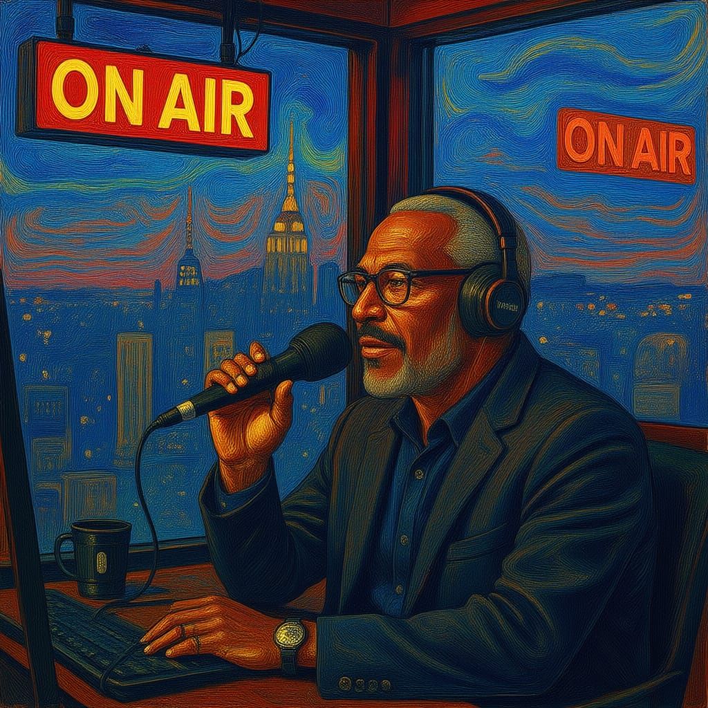 Radio DJ Broadcasts to NYC Nightscape