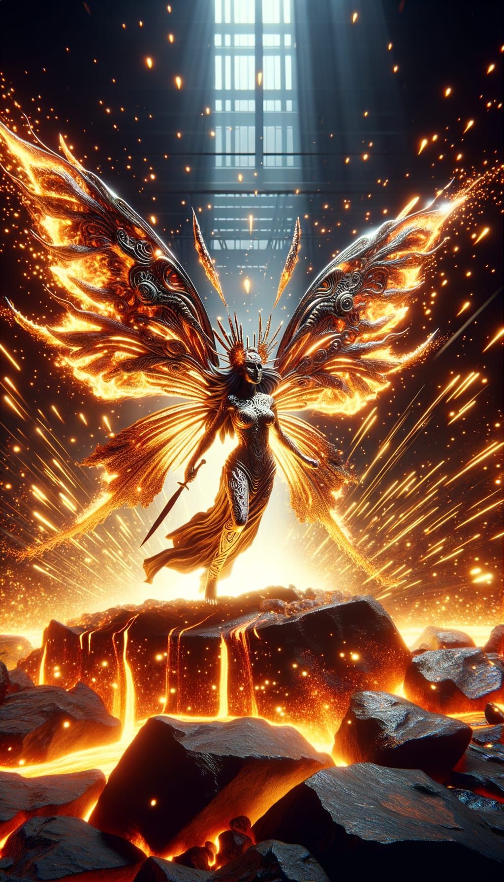 Aztec Goddess Ītzpāpalōtll in Molten Metal Scene