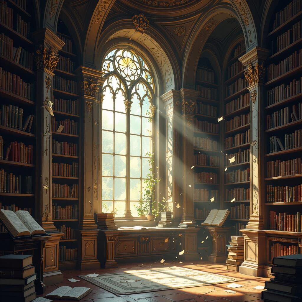 Ancient Library in Storybook Art Nouveau Style