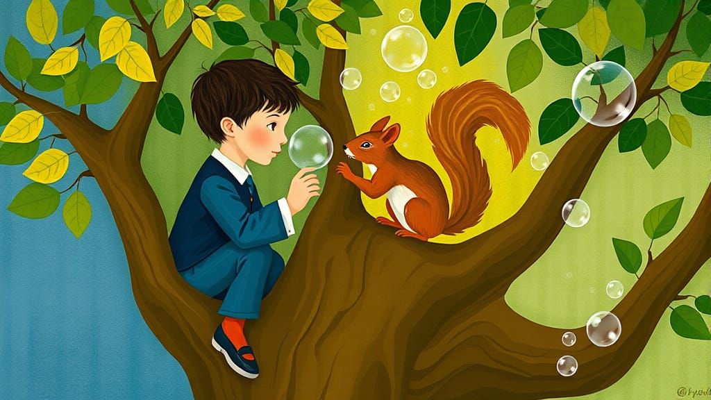 Children and Squirrel Playing Bubbles in Cubist Style