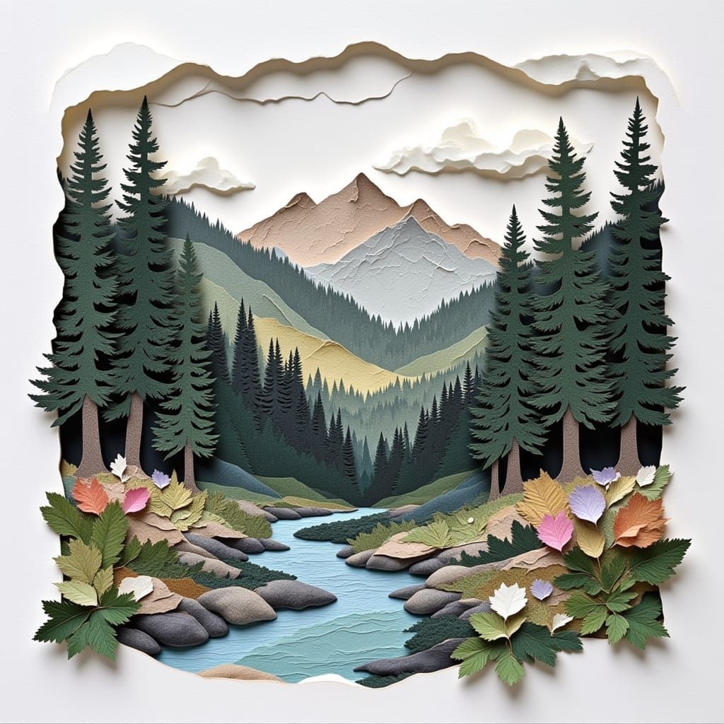 three dimensional paper collage art with 3d shading: pine tr...