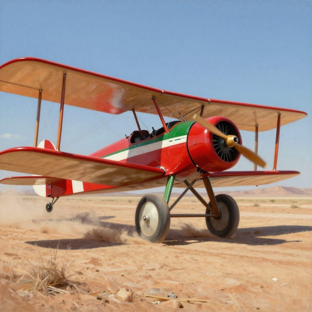 Vintage Biplane Takes Flight Over Desert Landscape