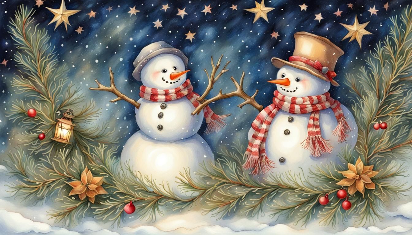 Snowman with Lantern in Starry Winter Night