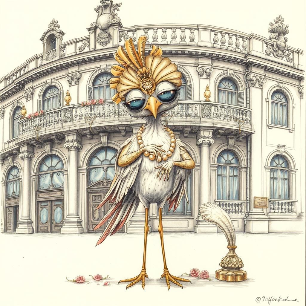 Ornate Rococo Bird Near Grand Building