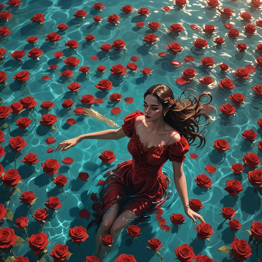 Girl in Red Dress in Rose-Filled Pool