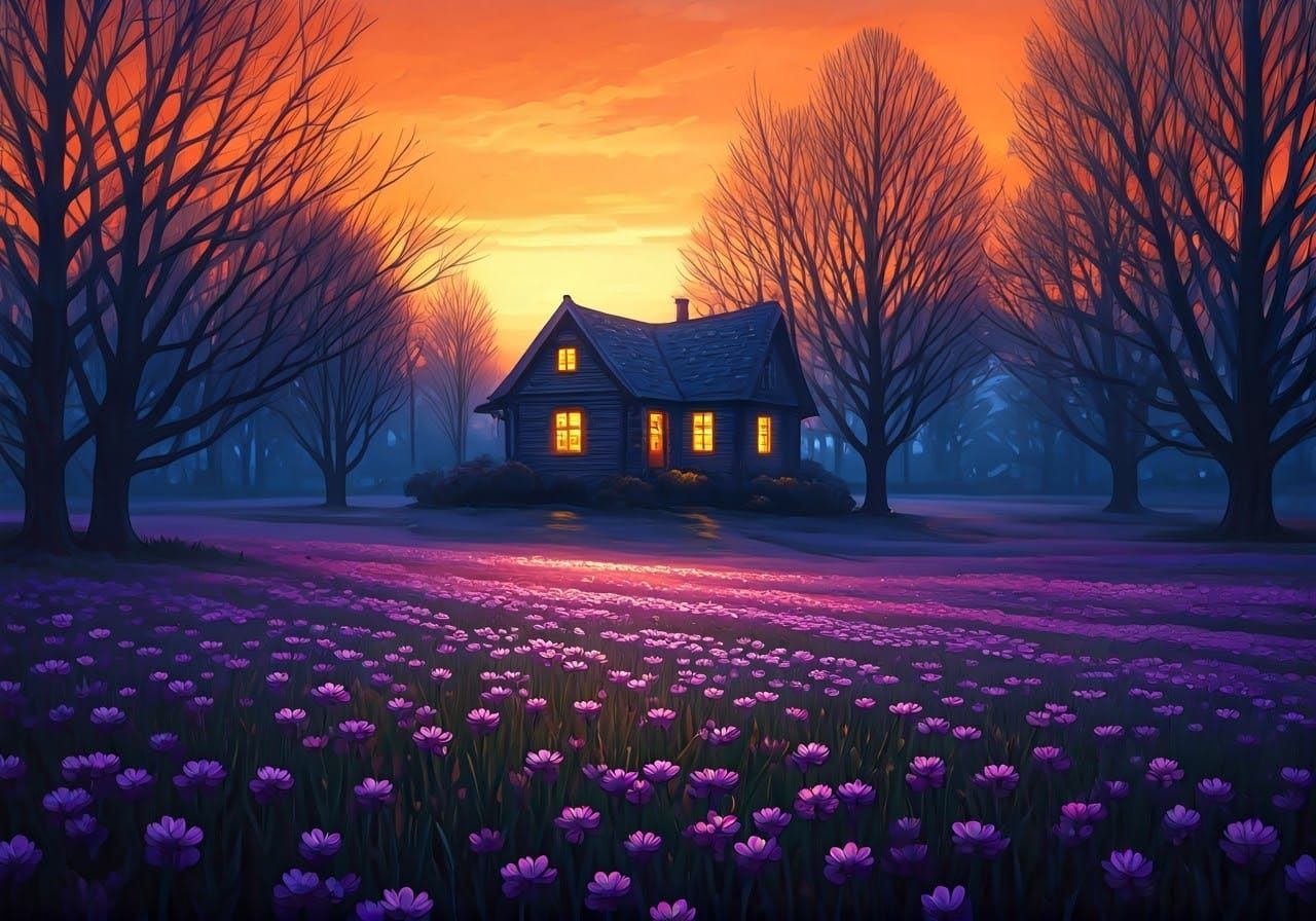 Ethereal Sunset Landscape in Impressionistic Style