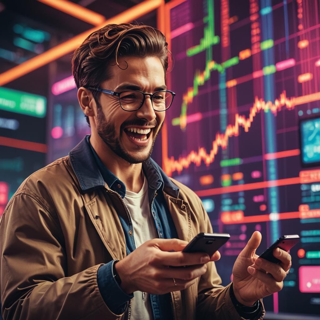 Excited Man with Crypto Chart in Futuristic Setting