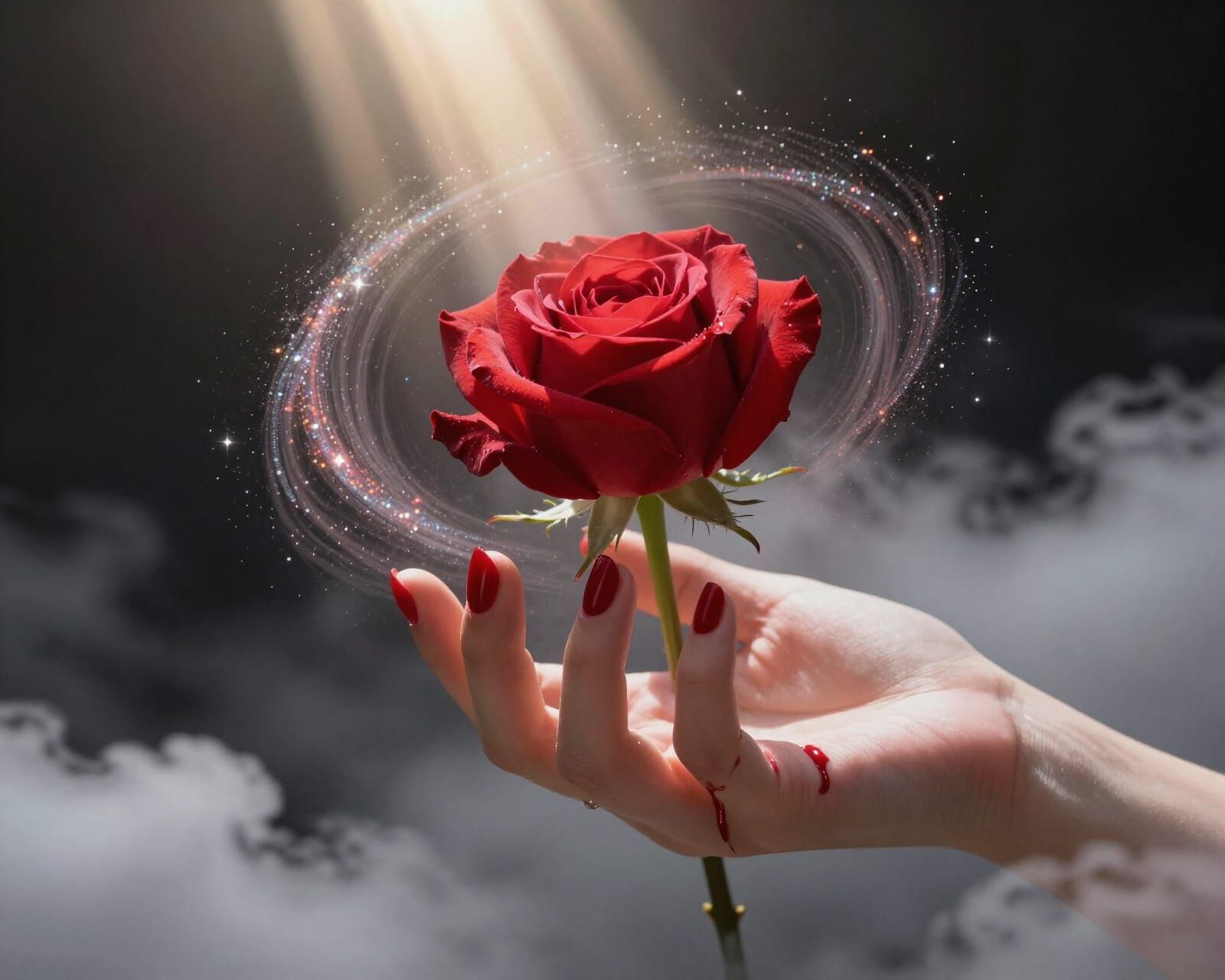 Ethereal Rose in Hand with Glittering Mist