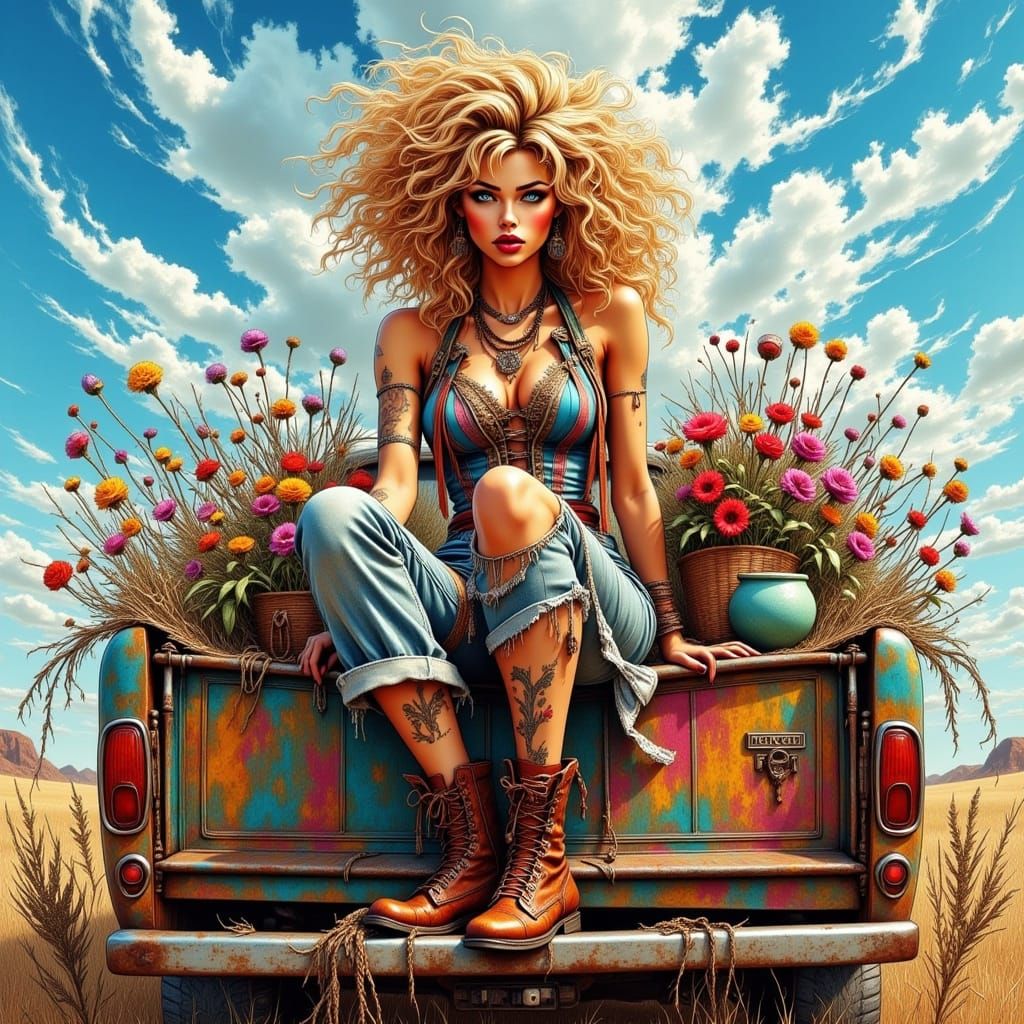 Whimsical Bohemian Goddess Amidst Vibrant Wildflowers in a V...