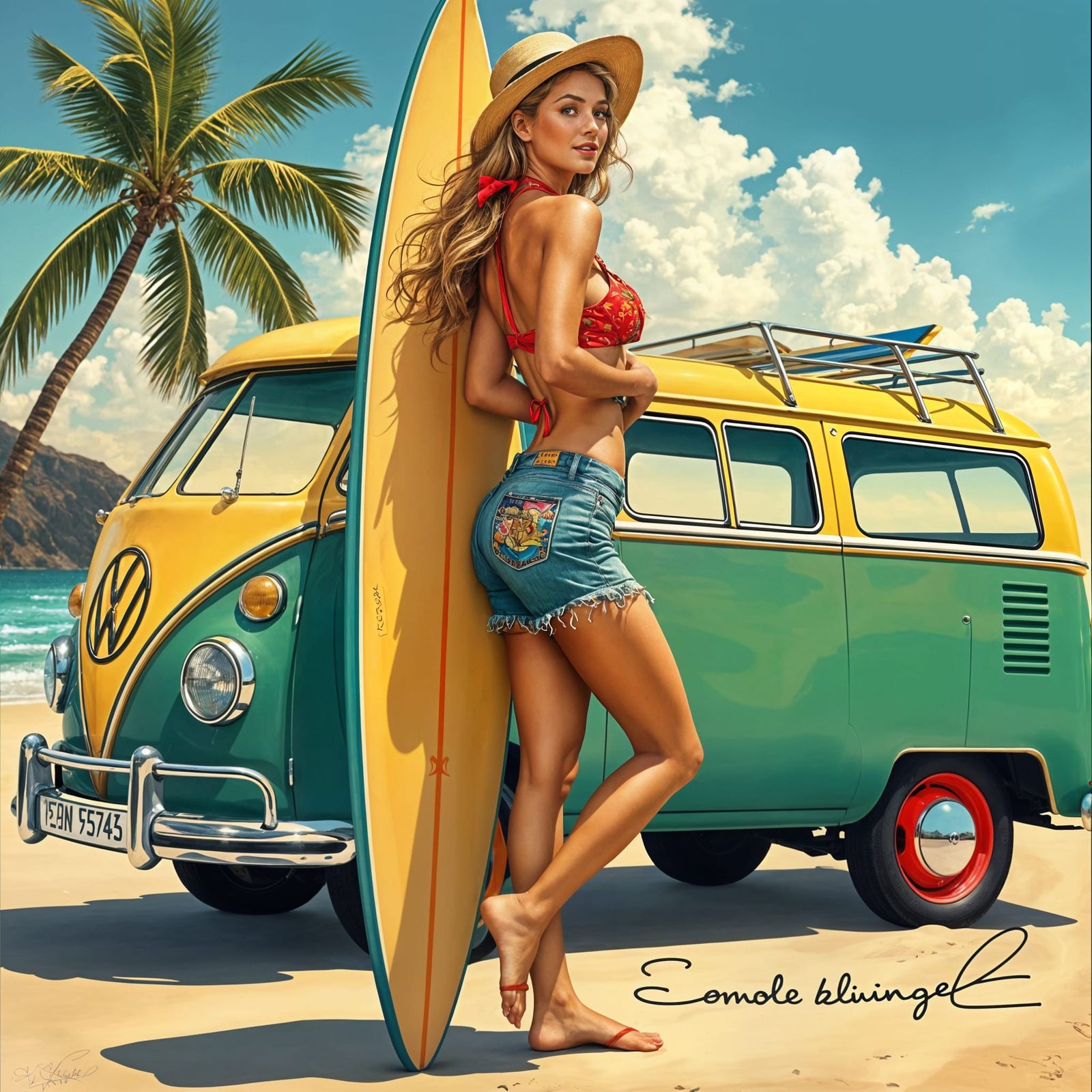 Vintage Surfing Pinup Goddess in 50s Style