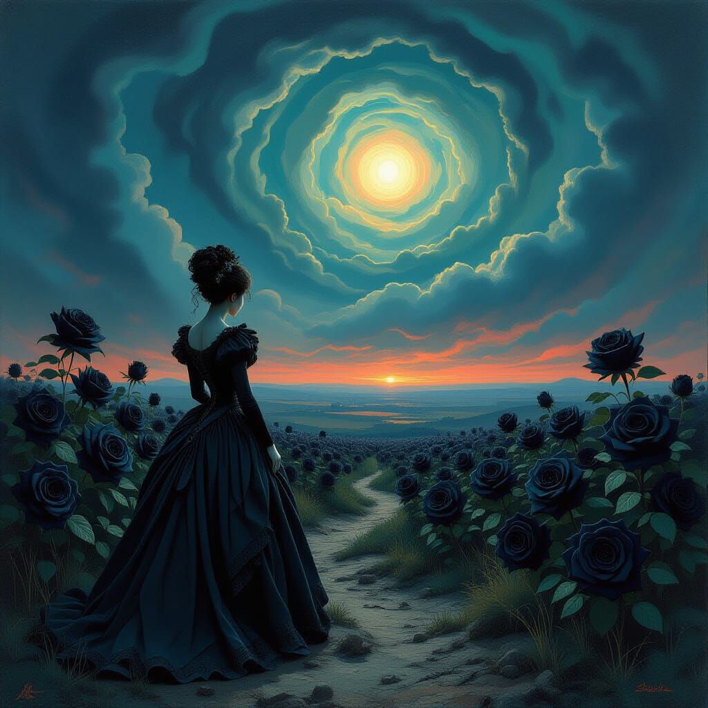 Troll in Victorian Gown Amidst Obsidian Roses