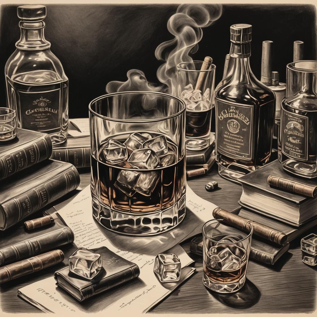Whiskey and Cigar Still Life: Detailed Charcoal Drawing