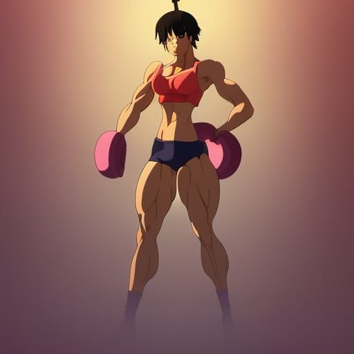 Anime Muscle Girl Flexing in Ghibli Style