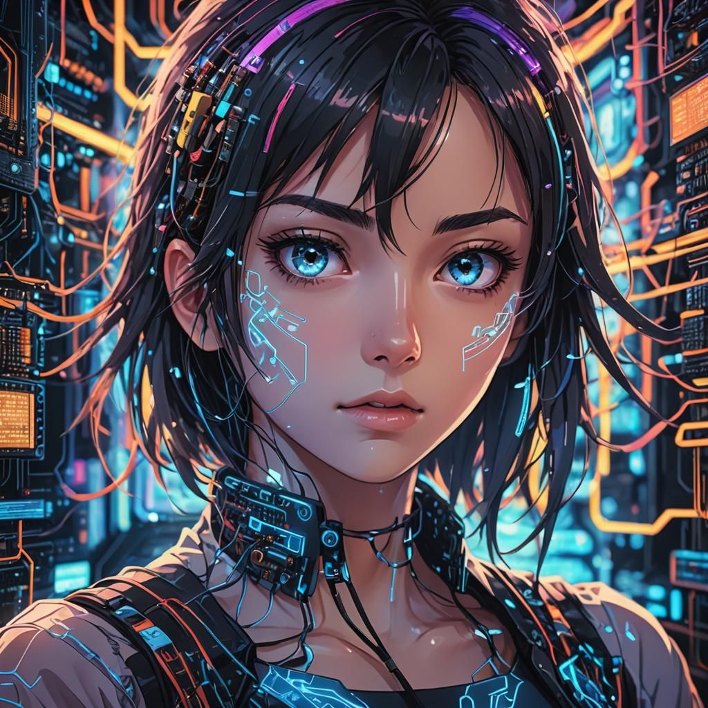 Anime Hacker with Glowing Code, Digital Art