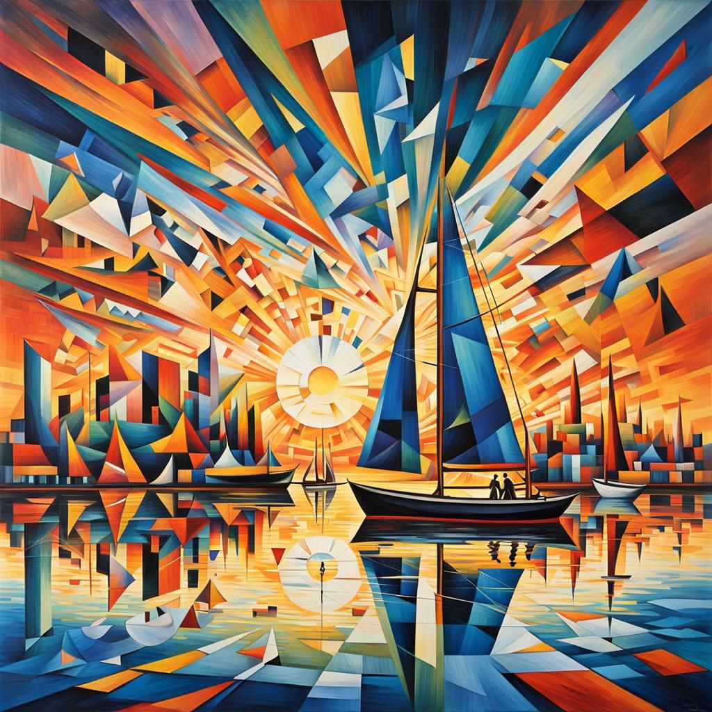 Cubist Sailboats in SeaLand City at Sunset