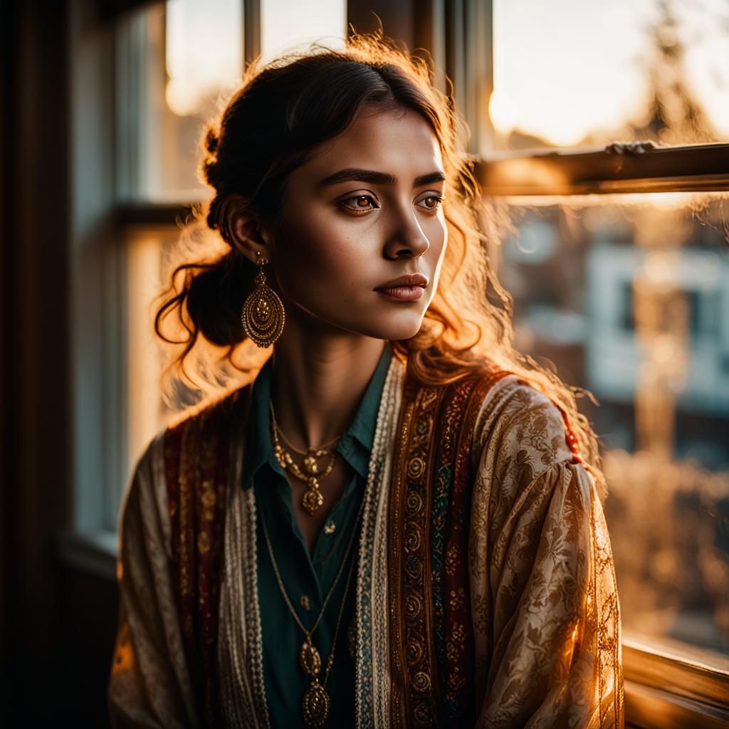 Bohemian Woman Portrait in Golden Hour Light