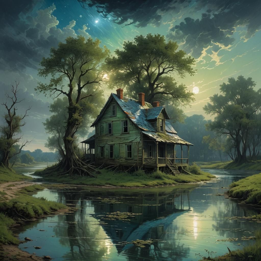 Violent River with Abandoned House in Gothic Style