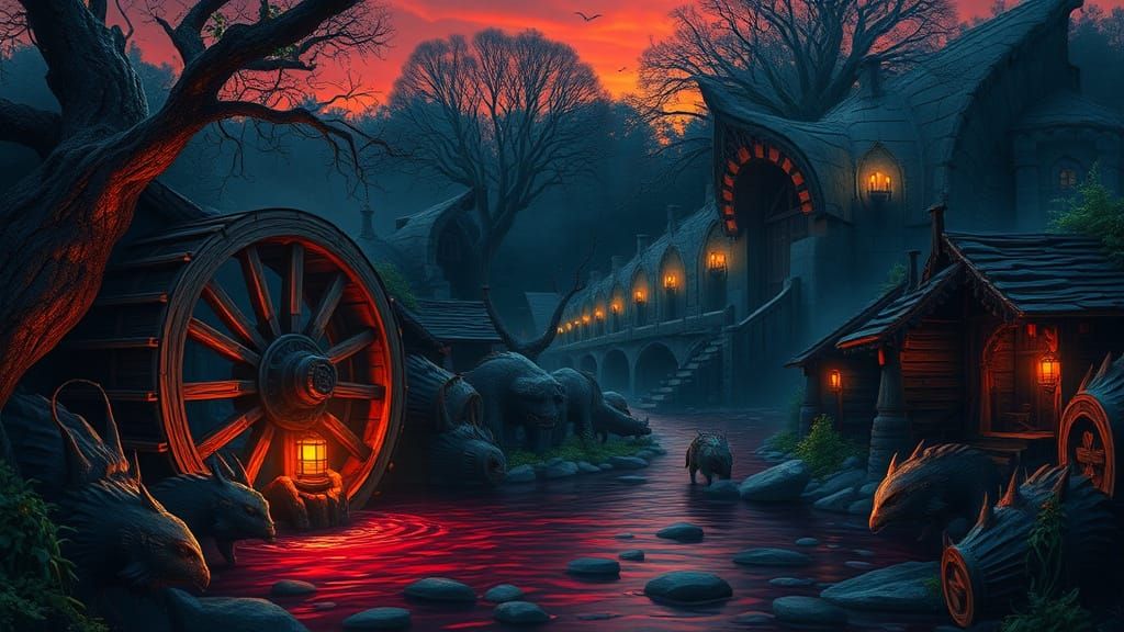 Mystical Fairyland with Water Wheels and Blood River Creatur...