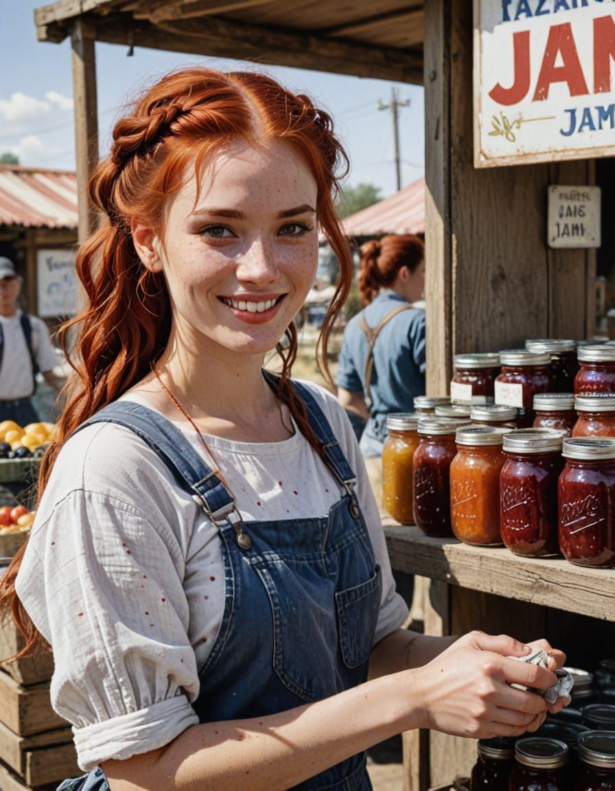 Smiling Woman Selling Jam in Abstract Style