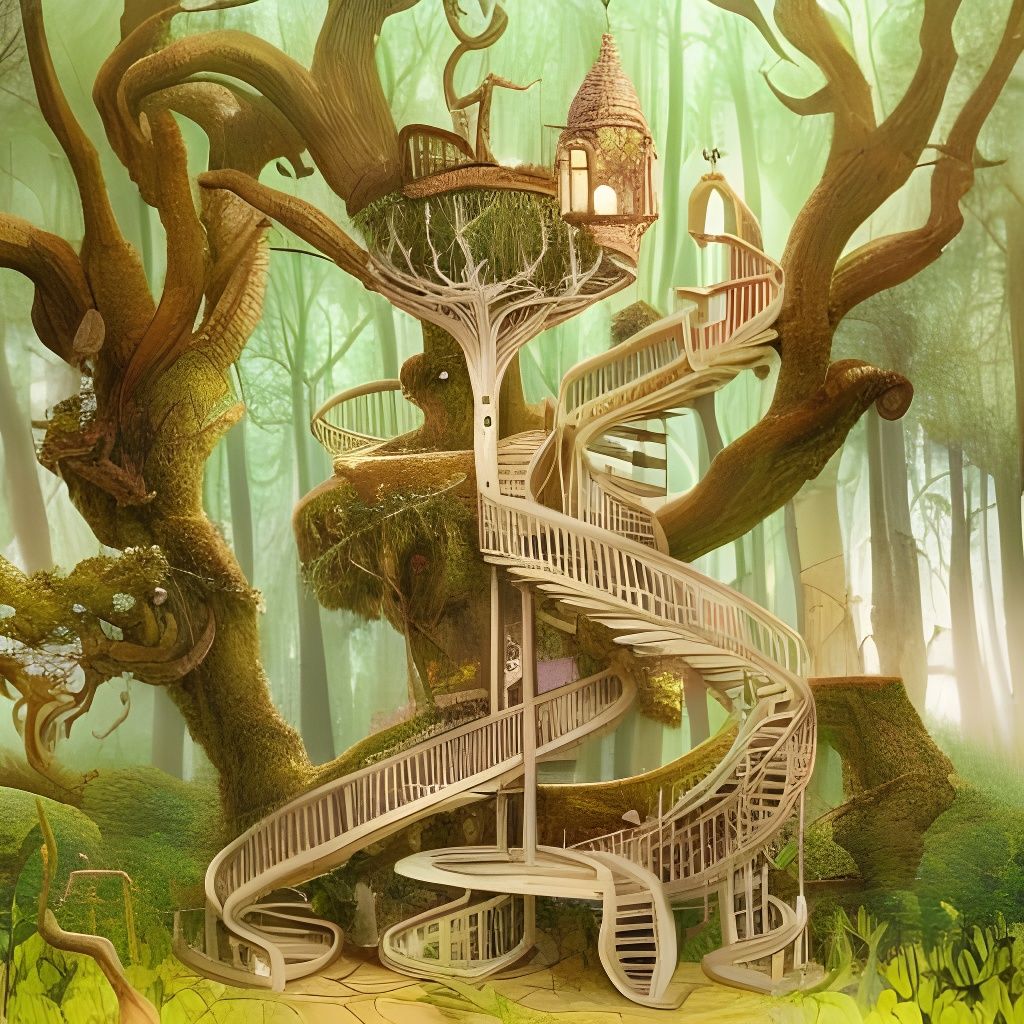 Magical Elven Treehouse with Twisting Staircase Illustration