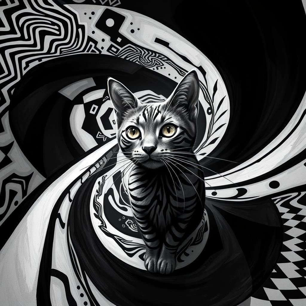 Style of Bridget Riley, Black and white Op Art stylised cat