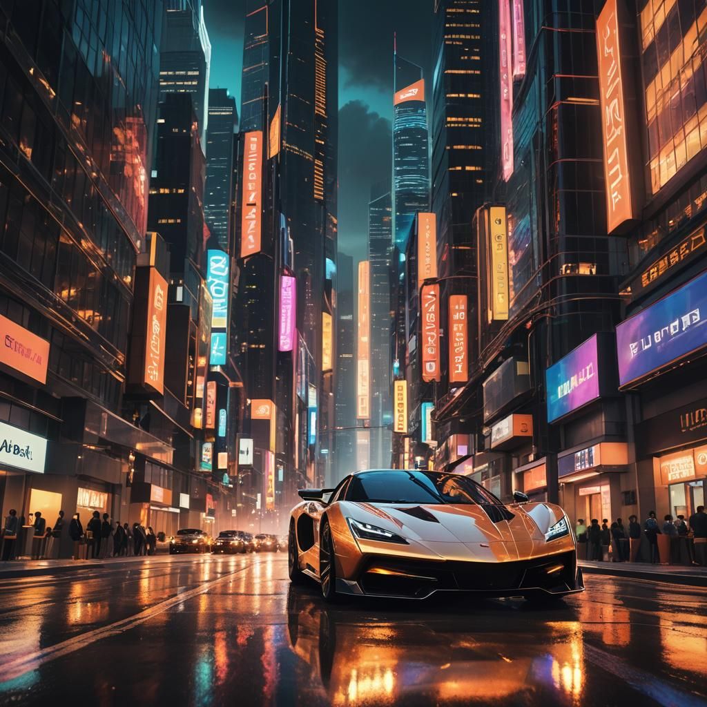 Hyper-Realistic Supercar in a Neon Cityscape