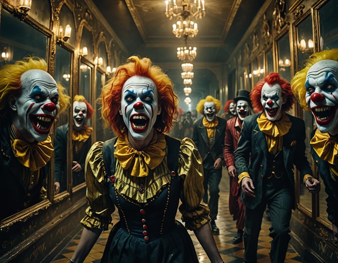 Scary Clowns Chasing Woman in Hall of Mirrors